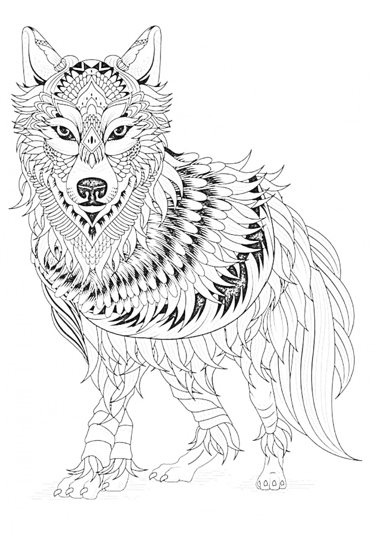 На раскраске изображено: Волк, Узоры, Природа, Графика, Дикий зверь, Животные, Хищники