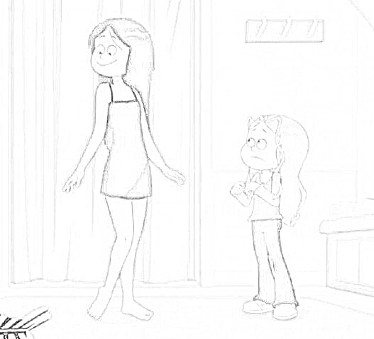 Раскраска две сестры в комнате, длинноволосая девушка в платье, маленькая девочка в футболке и брюках, штора, вешалка, стол