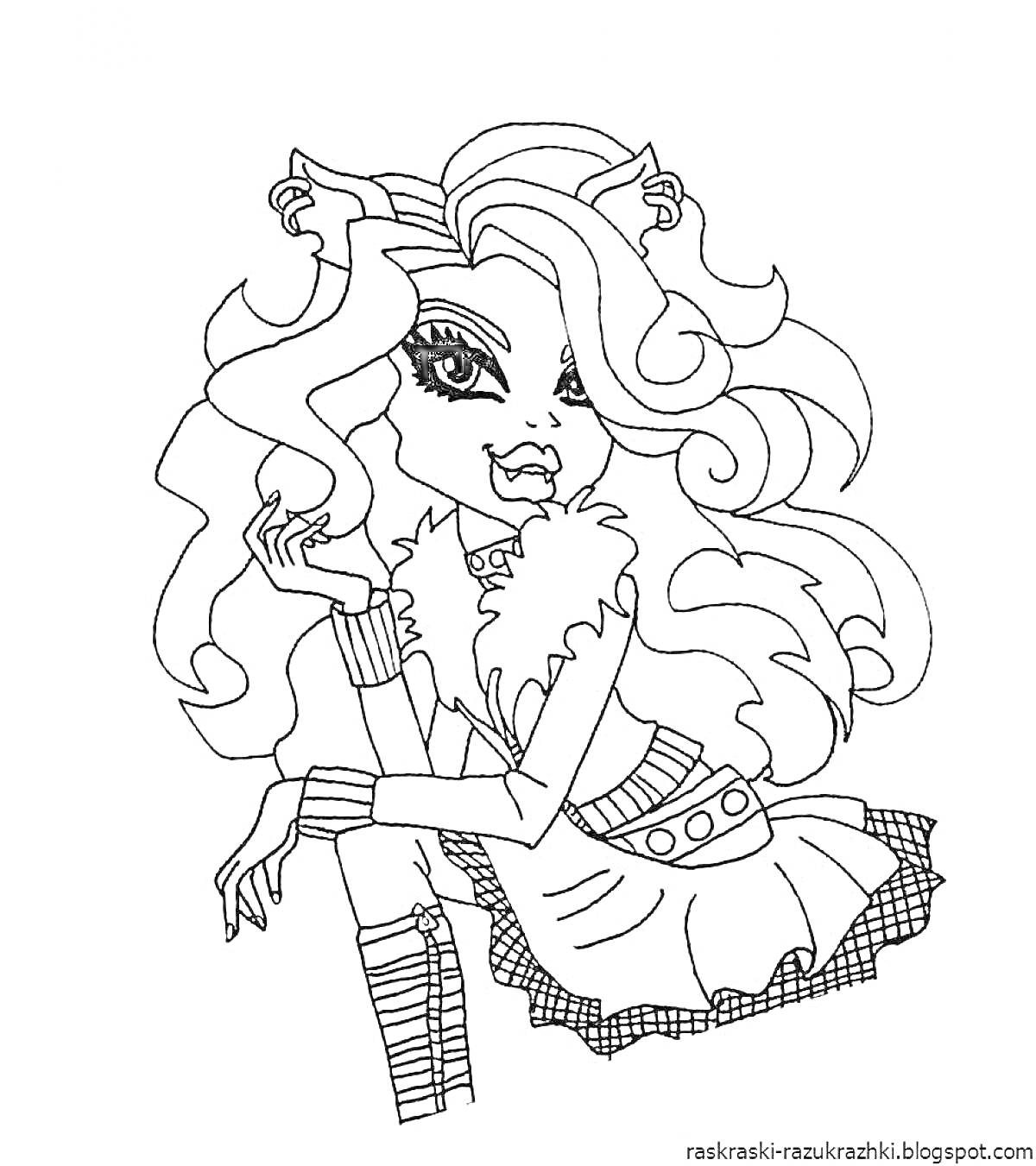 Раскраска Девушка-монстр с длинными волнистыми волосами, ушками на голове, в меховой жилетке, топе без рукавов, поясом с круглыми пряжками и юбкой с узором в клетку