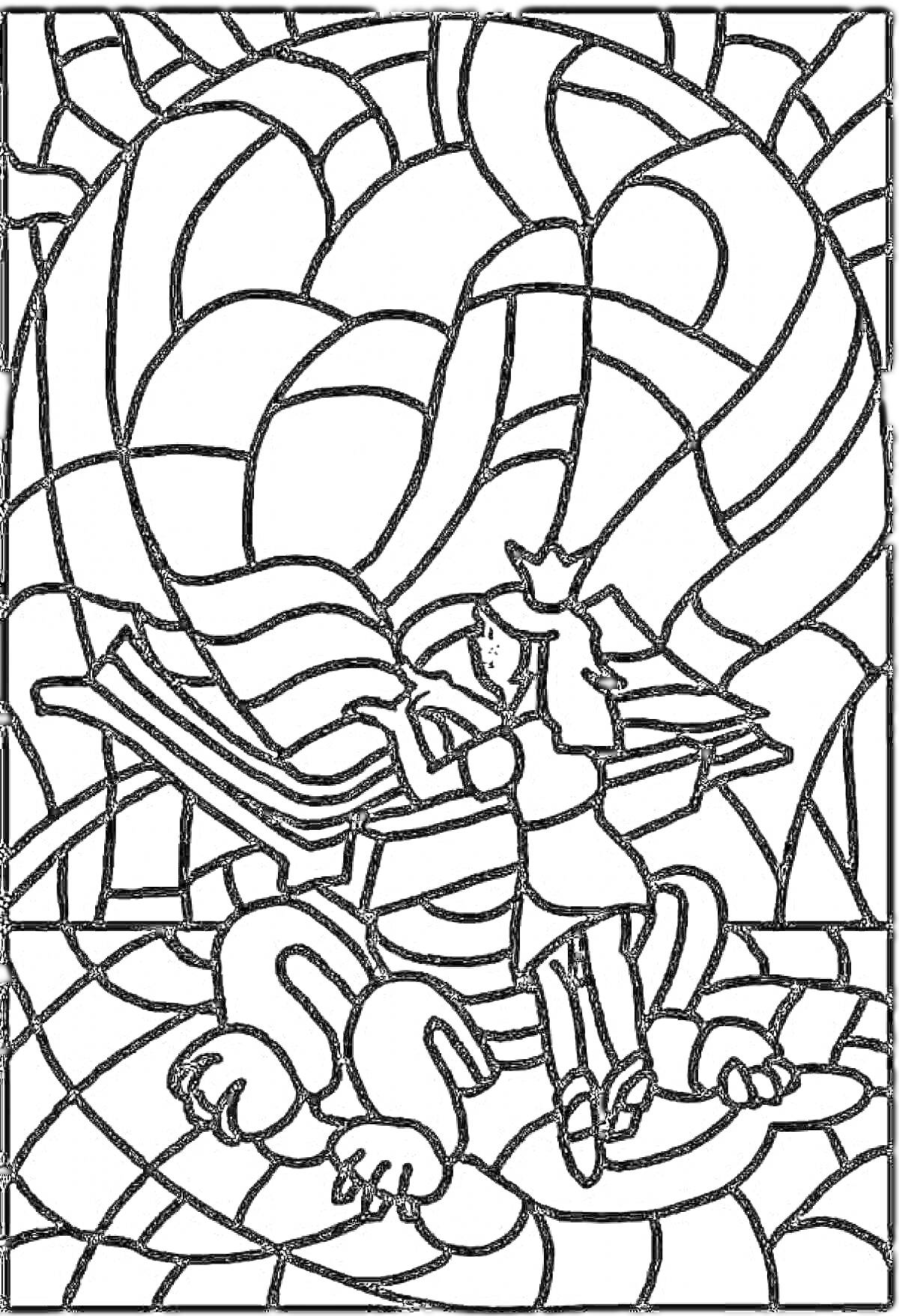 На раскраске изображено: Витраж, Девочка, Лев, Книга, Контурные рисунки, Узоры
