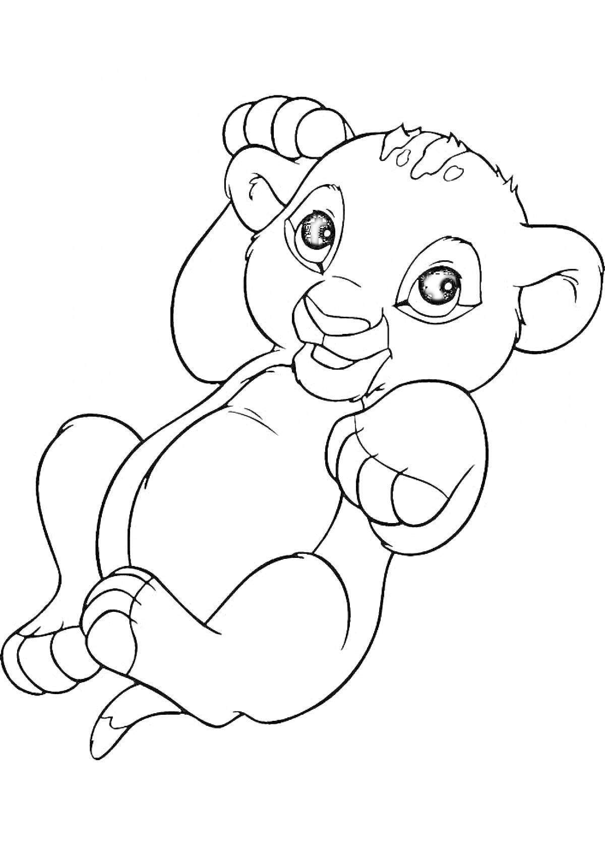 Раскраска Симба из мультфильма, лежащий на спине, с лапами вверх