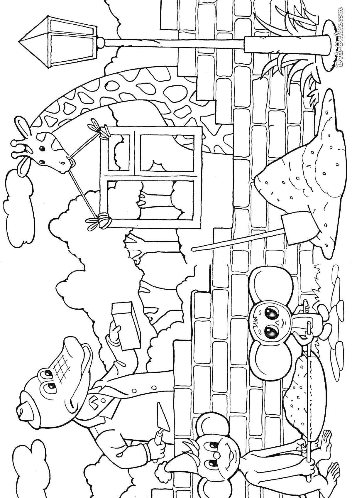 На раскраске изображено: Крокодил Гена, Чебурашка, Здание, Окна, Кирпичная стена, Лопата, Клубника