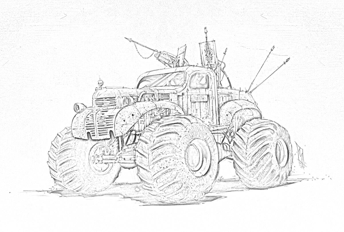 Раскраска Большой внедорожник с огромными колесами, оружием и шипами