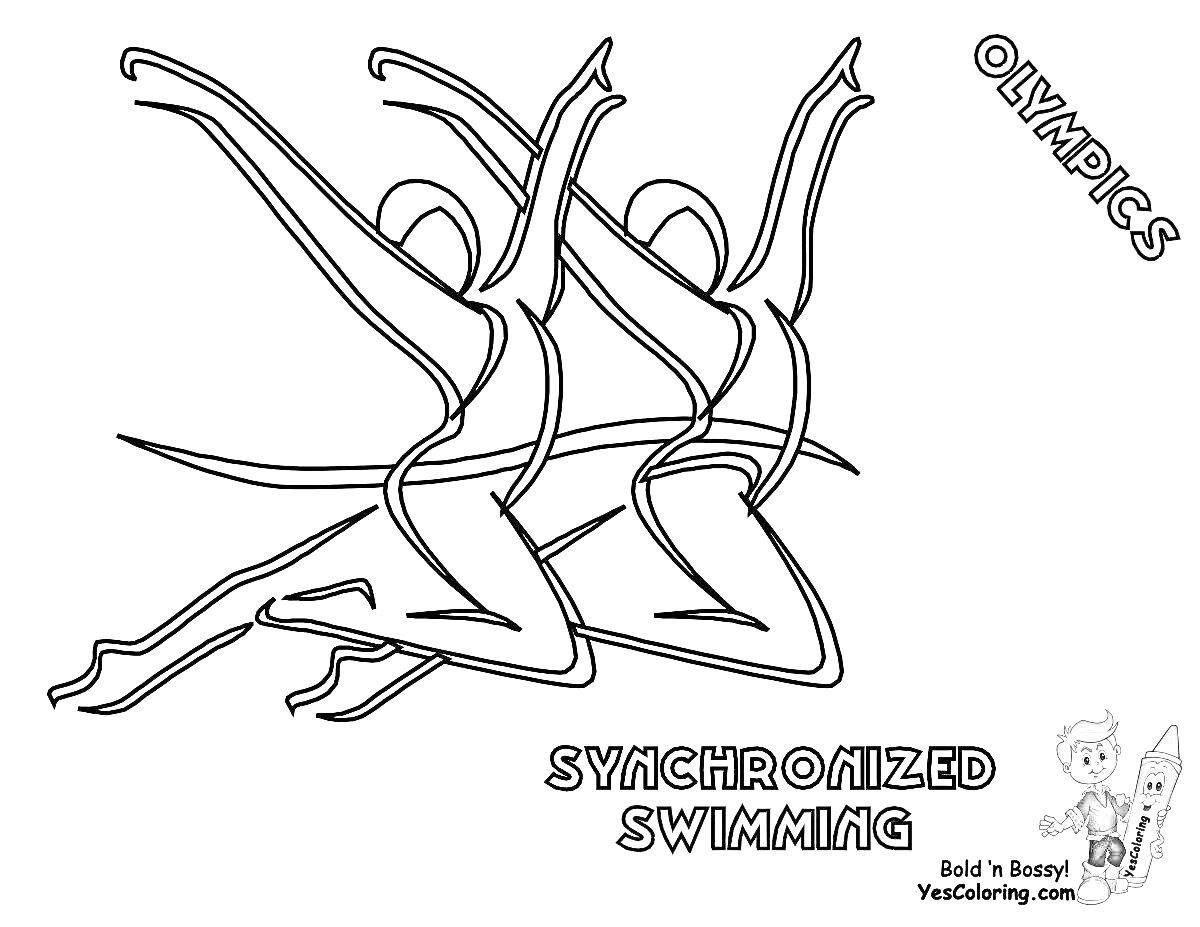 На раскраске изображено: Синхронное плавание, Спорт, Пловцы, Вода, Плавание