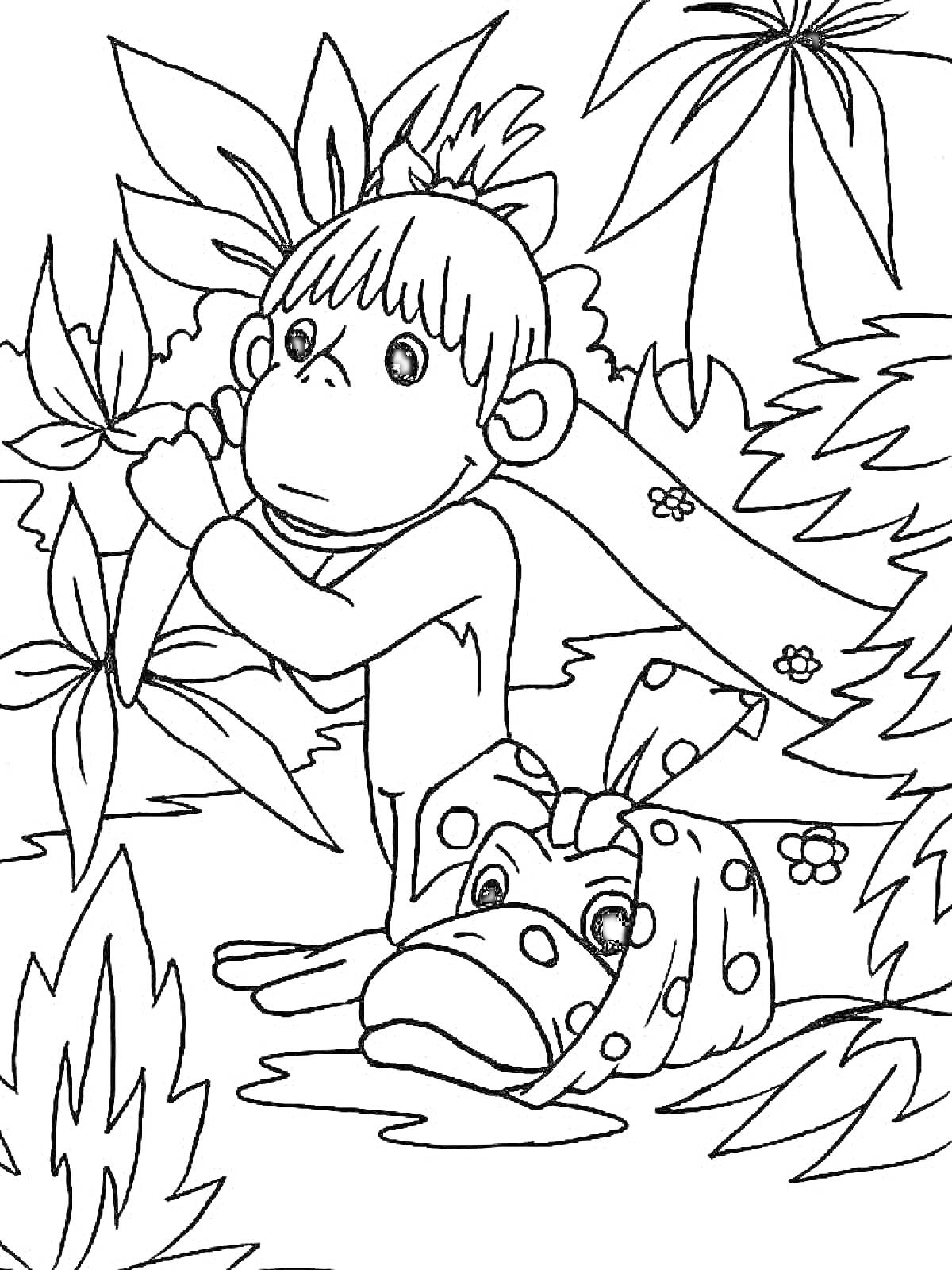 Раскраска Обезьяна с попугаем в джунглях