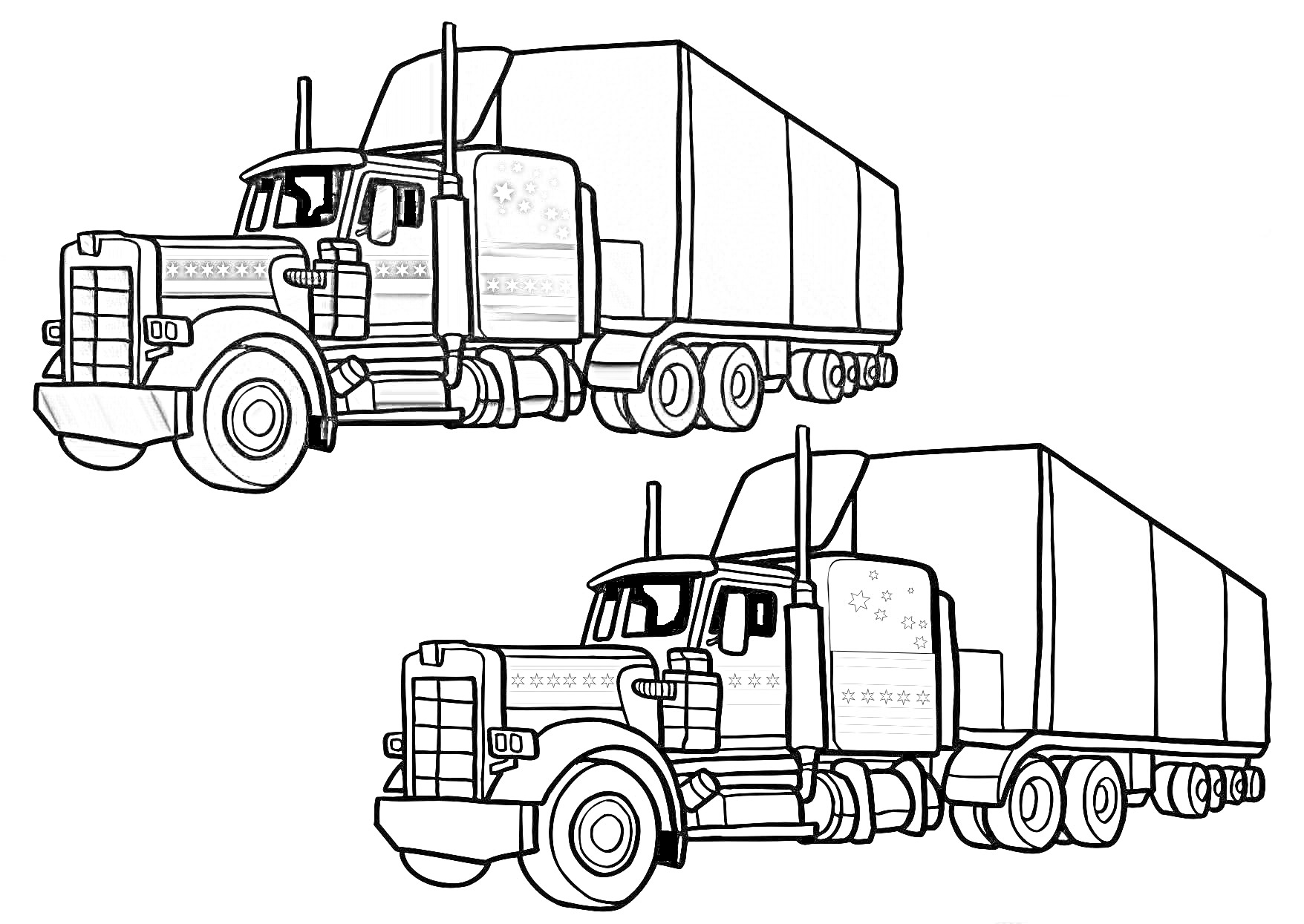 Раскраска Большой грузовик с прицепом (цветная и черно-белая версии)