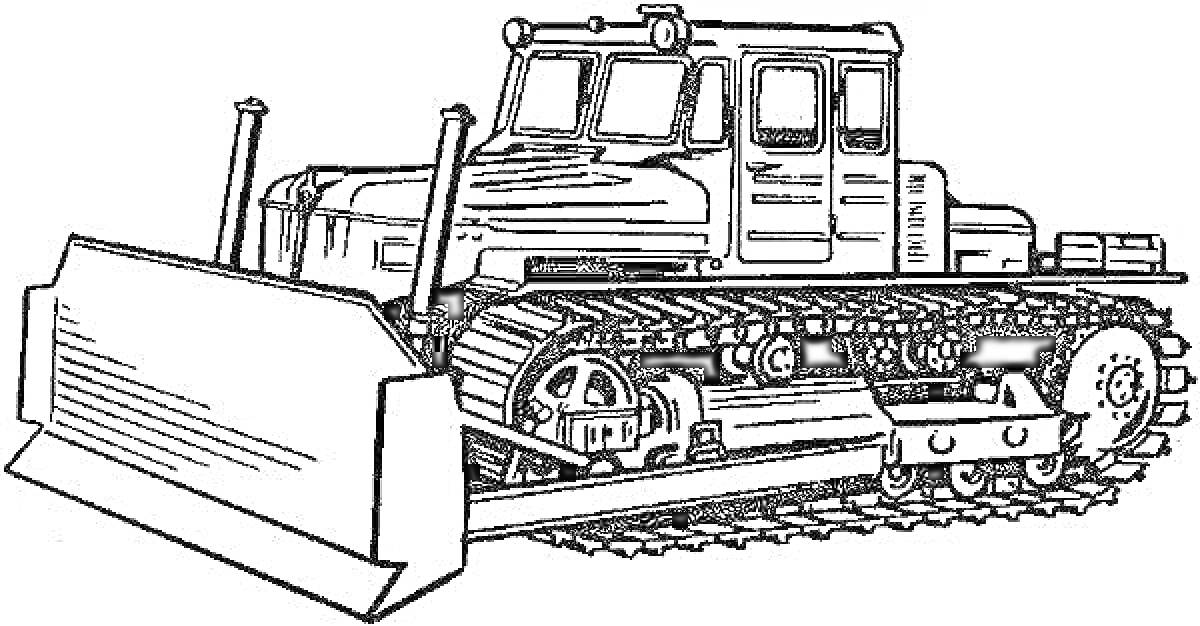 На раскраске изображено: Трактор, Гусеницы, Бульдозер, Отвал, Строительная техника, Сельскохозяйственная техника
