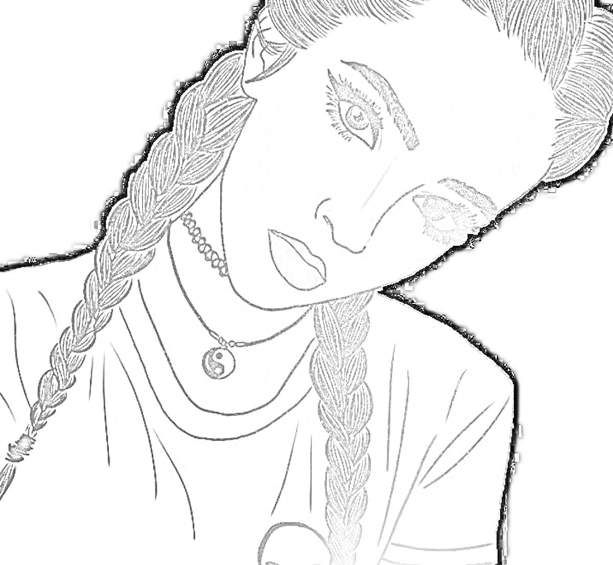 Раскраска Девушка с двумя косами и ожерельем с символом Инь-Янь на темном фоне