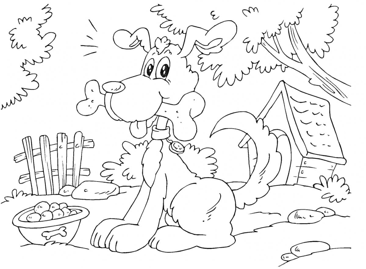 Раскраска Собака с косточкой возле будки на ферме
