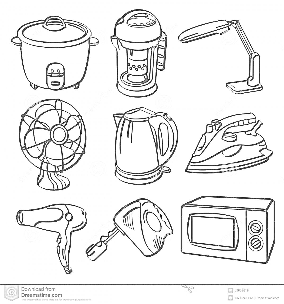 Раскраска Электроприборы - рисоварка, кофеварка, настольная лампа, вентилятор, электрочайник, утюг, фен, тостер, микроволновая печь