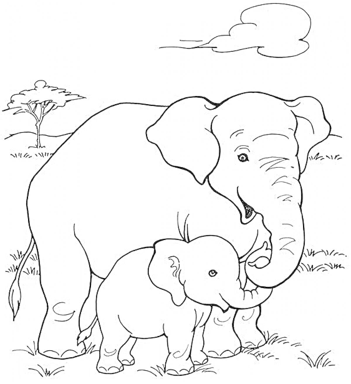 На раскраске изображено: Слон, Дикие животные, Природа, Детеныши, Облака, Для детей, 5-7 лет