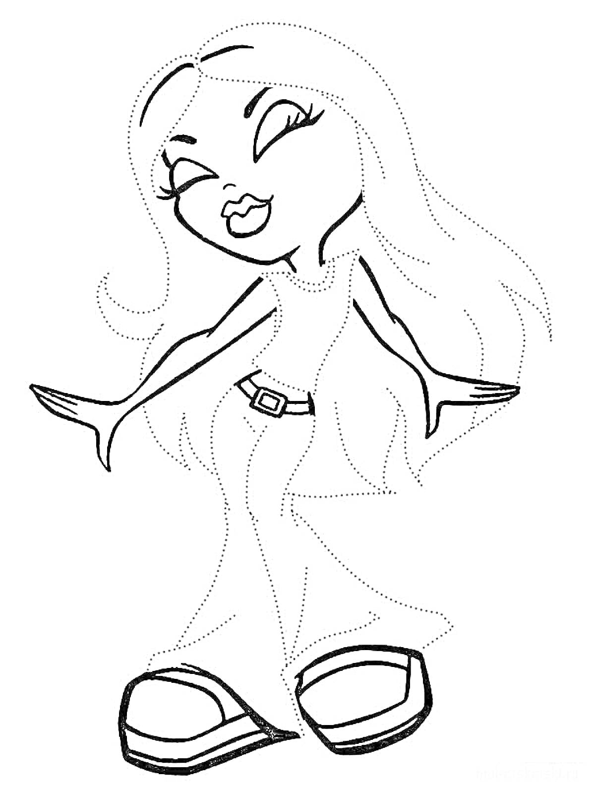 Раскраска Девушка-модель с длинными волосами в платье и туфлях на платформе