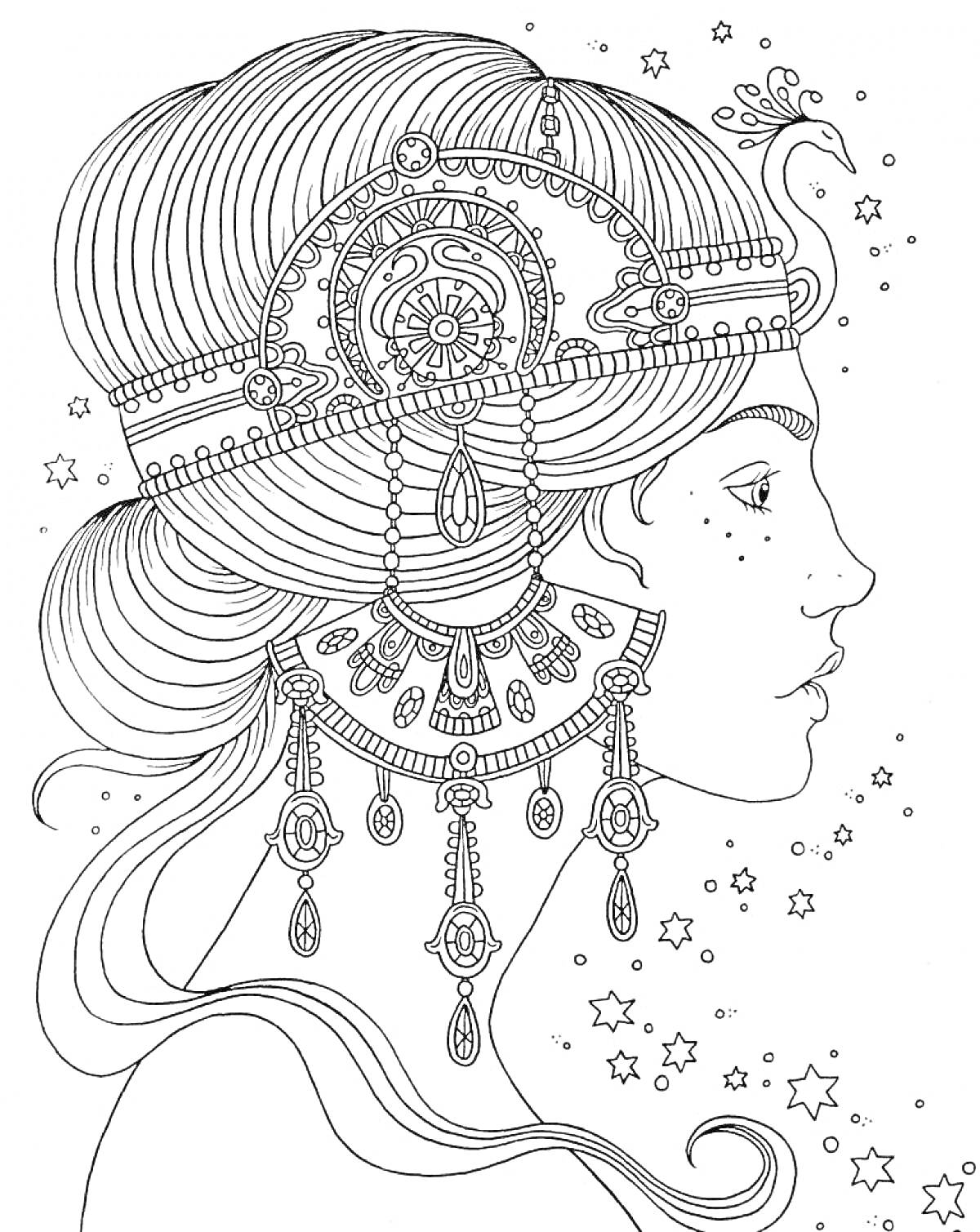 Раскраска Портрет женщины с массивным украшением на голове и серьгами, окружённая звёздами