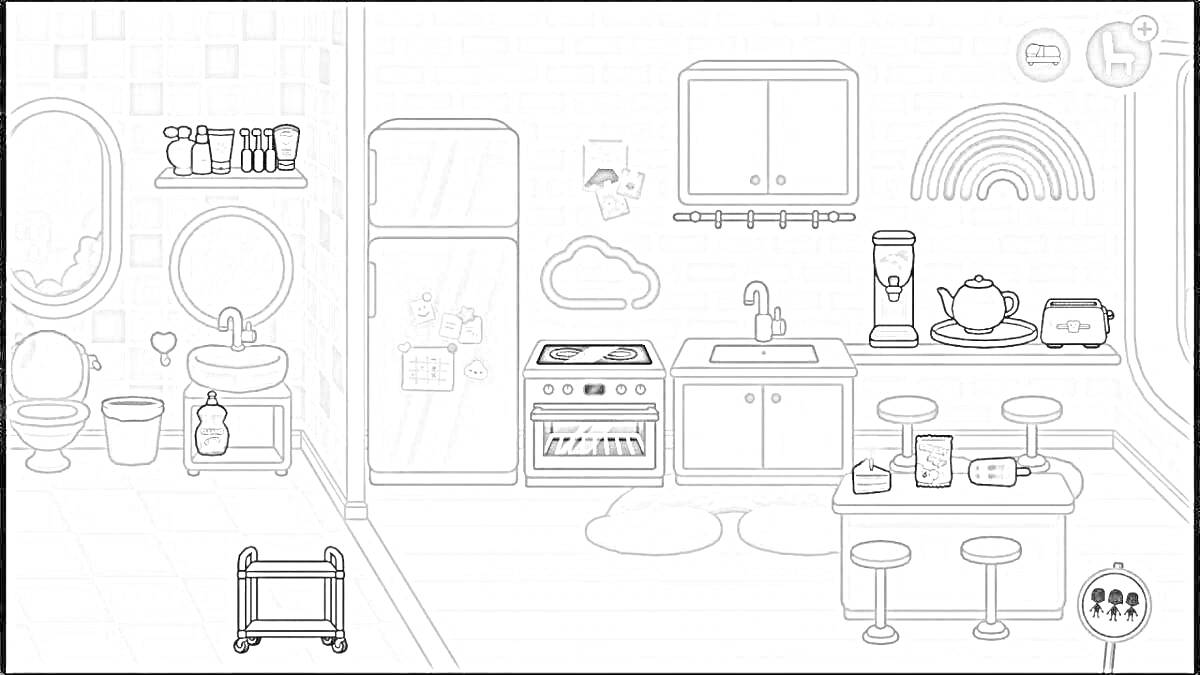 На раскраске изображено: Кухня, Ванная комната, Холодильник, Плита, Раковина, Посуда, Унитаз, Зеркало, Туалетная бумага, Полки, Столик, Стул, Шкаф, Радуги