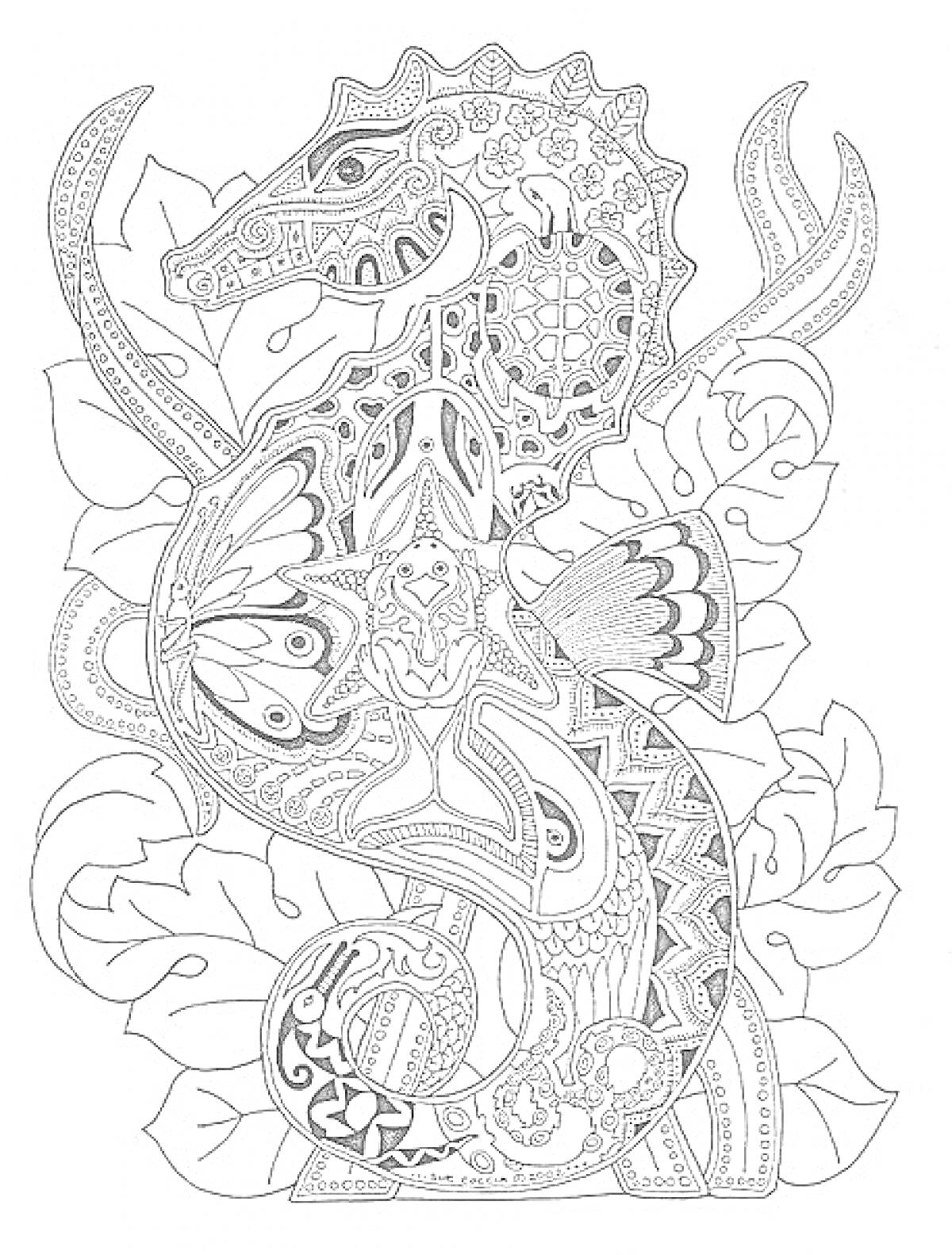 Раскраска Морской конек антистресс с множественными узорами, листьями и цветами