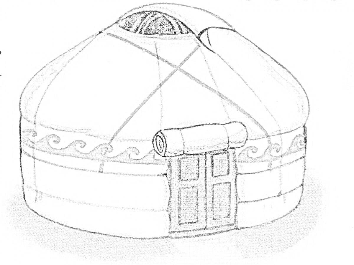 На раскраске изображено: Киіз үй, Юрта, Традиционное жилище, Орнамент, Декоративные элементы, Дверь, Кочевники