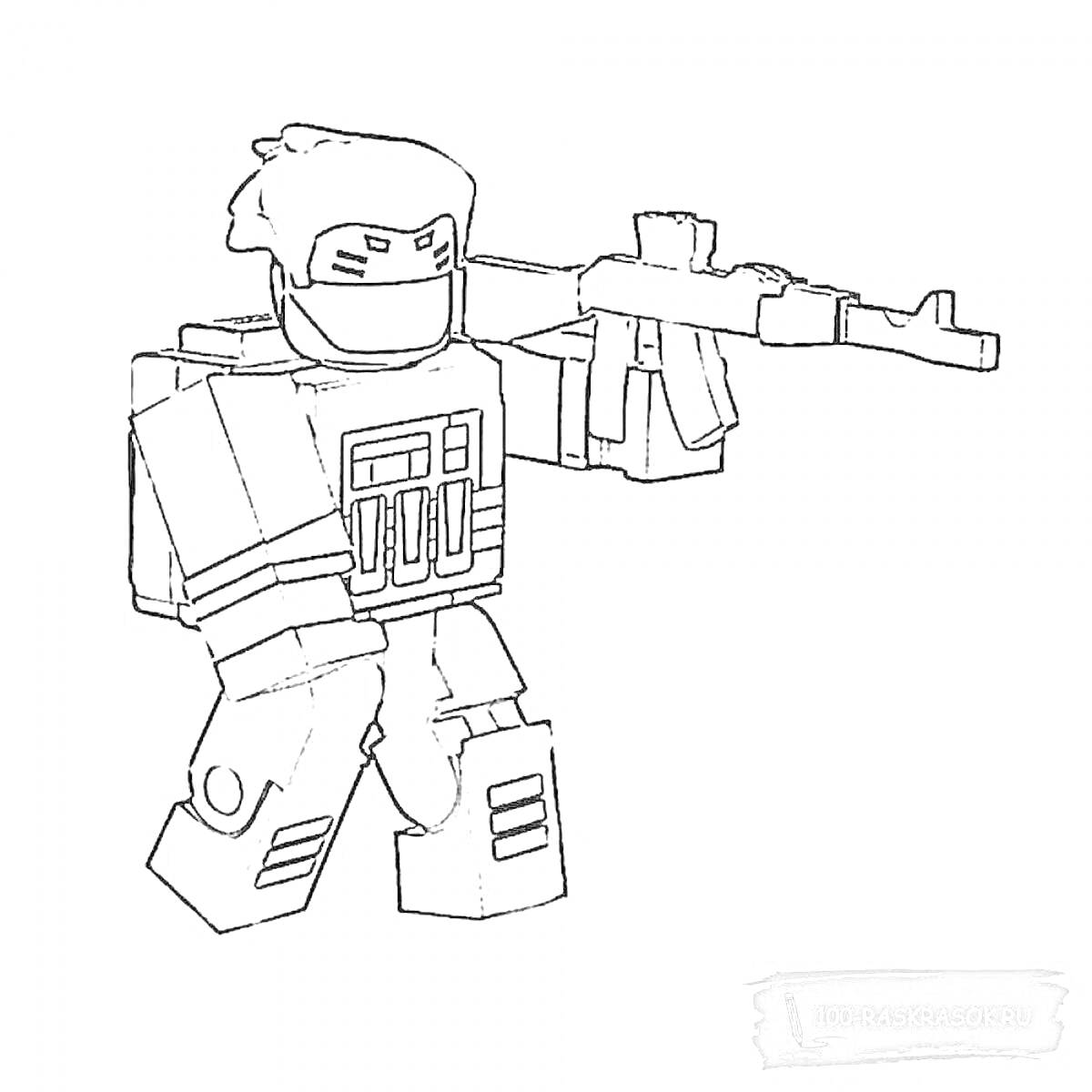 Раскраска Роблокс персонаж в шлеме с оружием, одетый в броню с рюкзаком