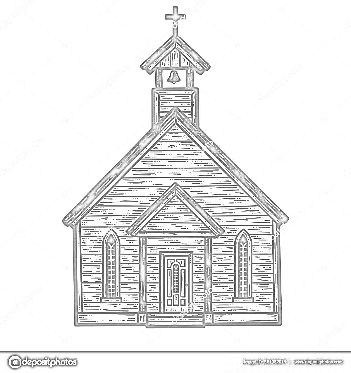 Раскраска Часовня с входной дверью, двумя окнами по бокам, фронтоном, колокольней и крестом