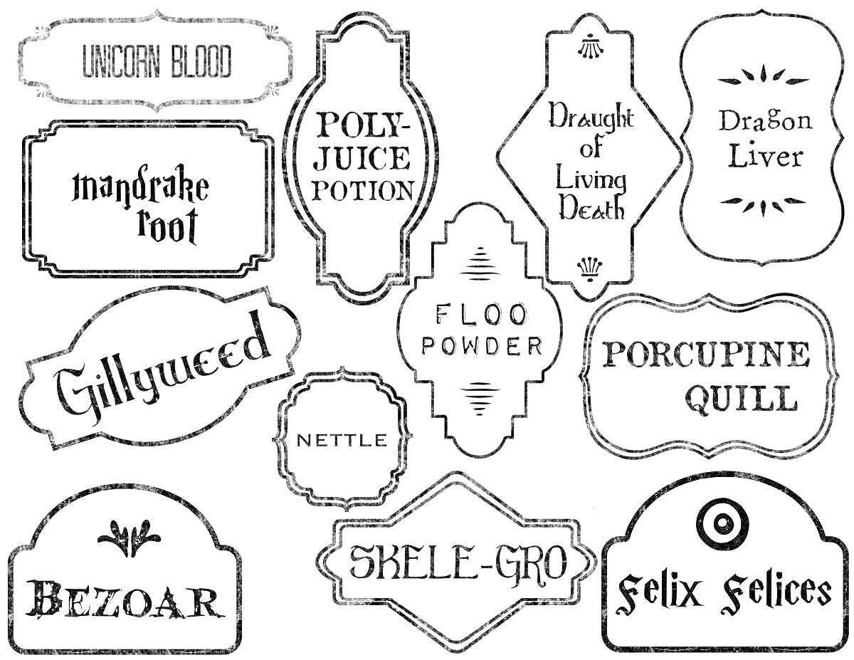 Раскраска Наклейки с названиями ингредиентов и зелий из мира Гарри Поттера