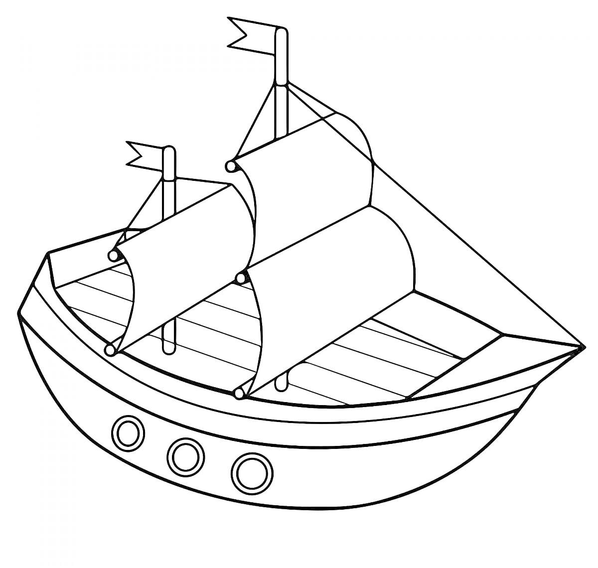 Раскраска Корабль с тремя парусами и двумя флагами