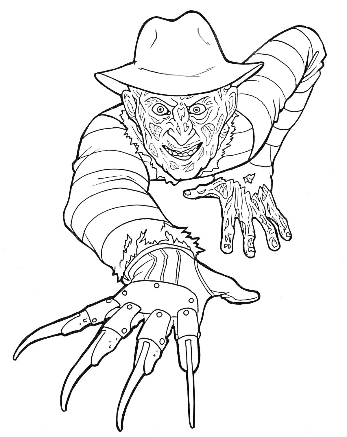 Раскраска Злобный человек в шляпе с ожогами на лице и длинными лезвиями на руке