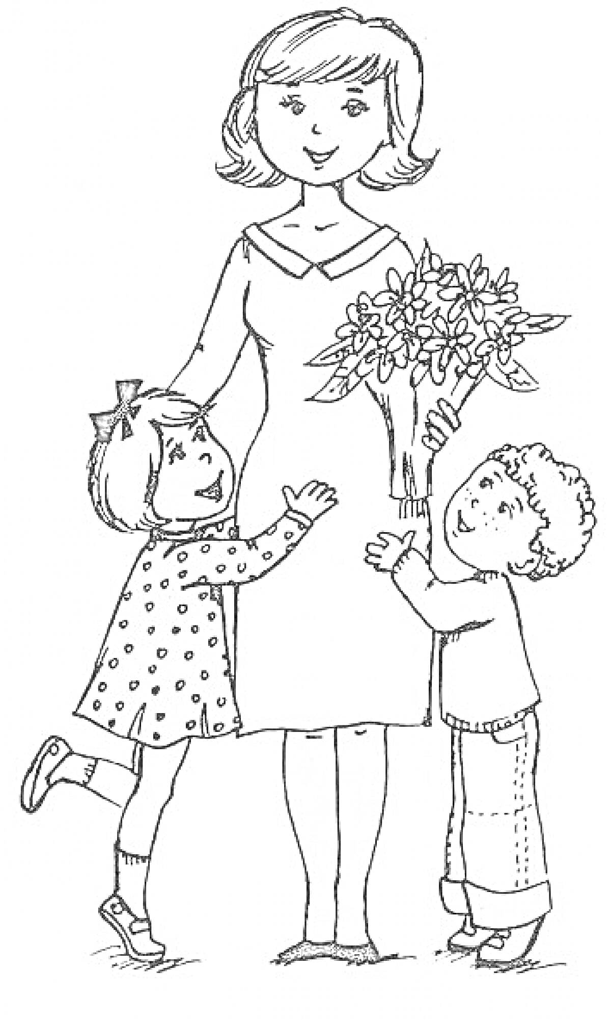 На раскраске изображено: Женщина, Цветы, Девочка, Мальчик, Объятия, Счастье, Семья, Для детей, Букет цветов