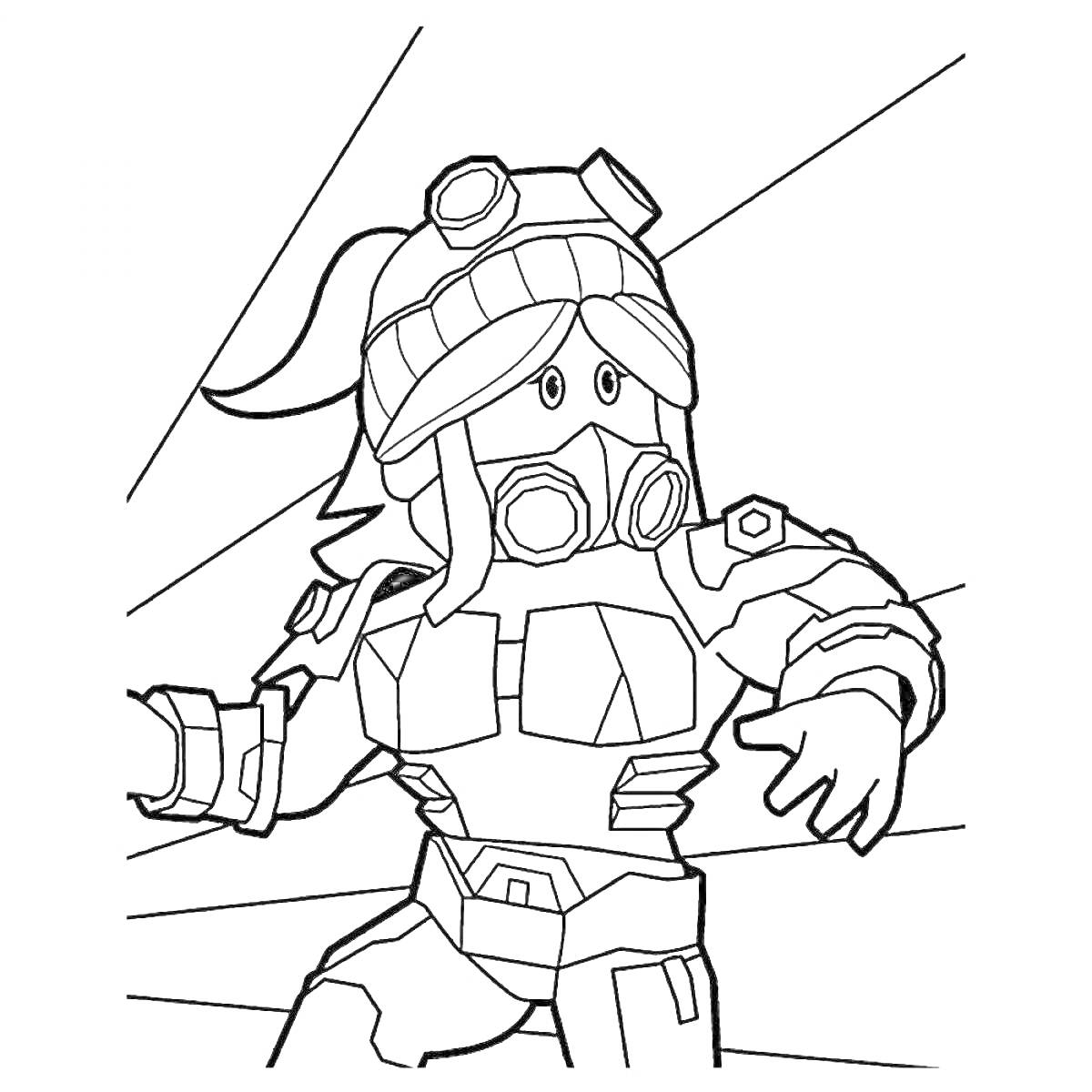 Раскраска Персонаж Roblox в защитном костюме с маской и очками на фоне линий
