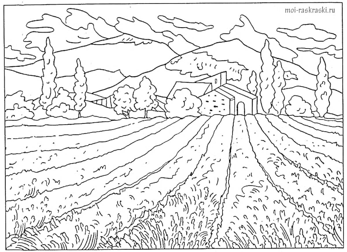На раскраске изображено: Поле, Дом, Горы, Деревья, Природа, Облака, Россия, Ландшафт