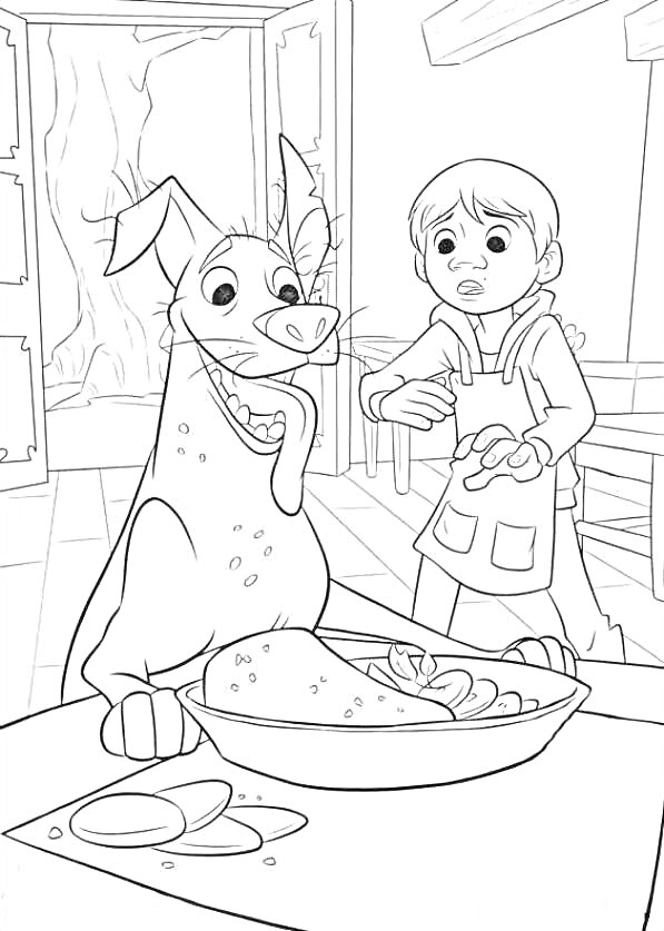мальчик в фартуке и удивленный пес около тарелки с едой на кухне