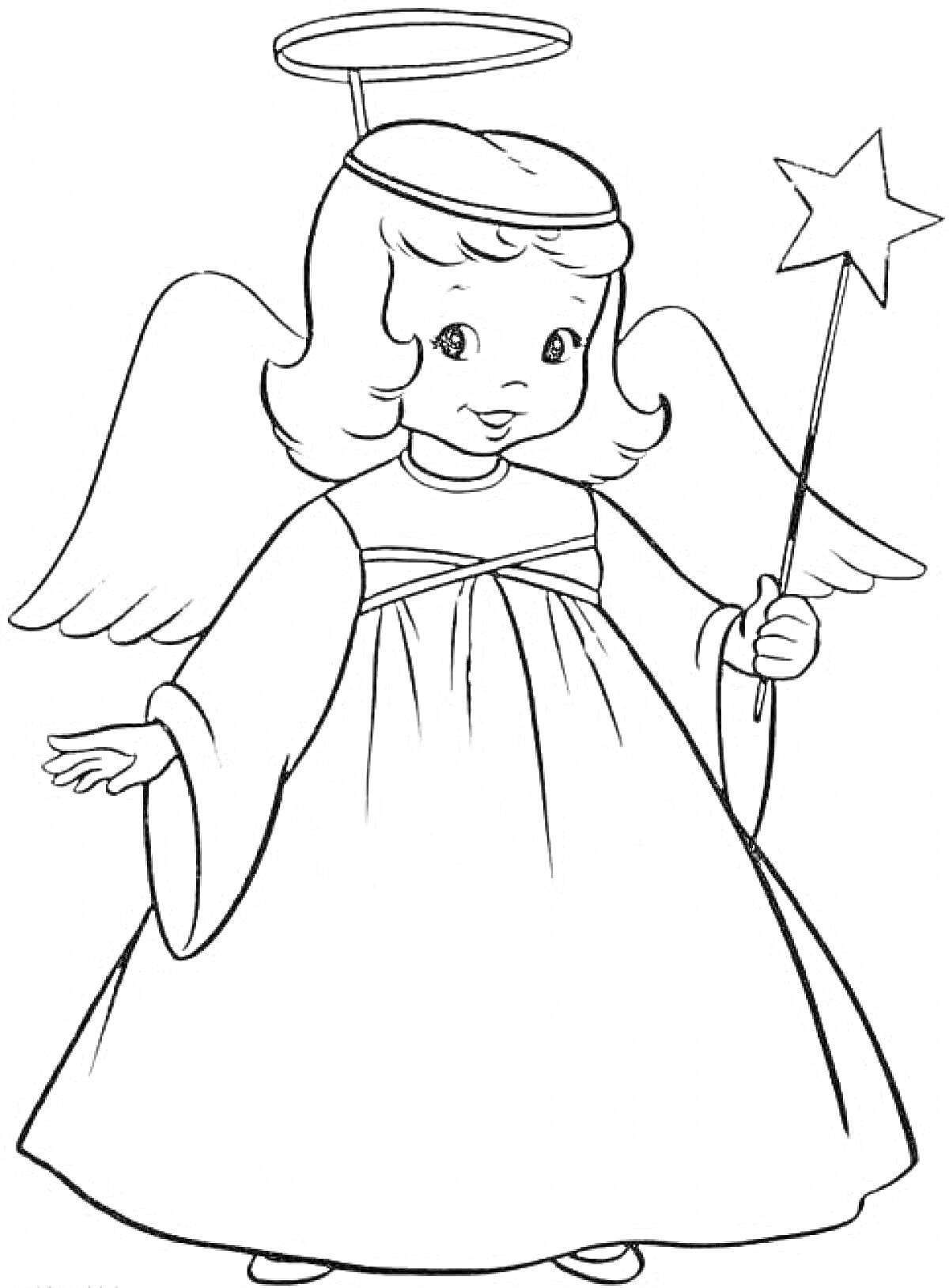 Раскраска Ангел с нимбом и волшебной палочкой