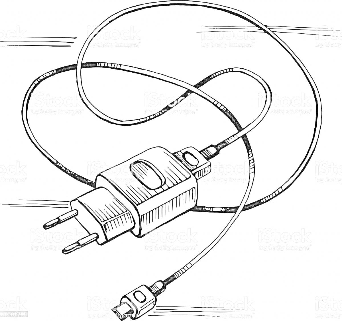 Раскраска Зарядное устройство с проводом и вилкой для телефона
