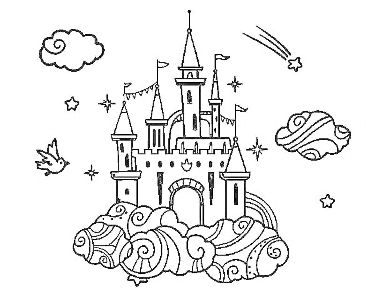 На раскраске изображено: Замок, Облака, Падающая звезда, Птица, Башни, Фантазия, Из сказок, Флаг, Звезды