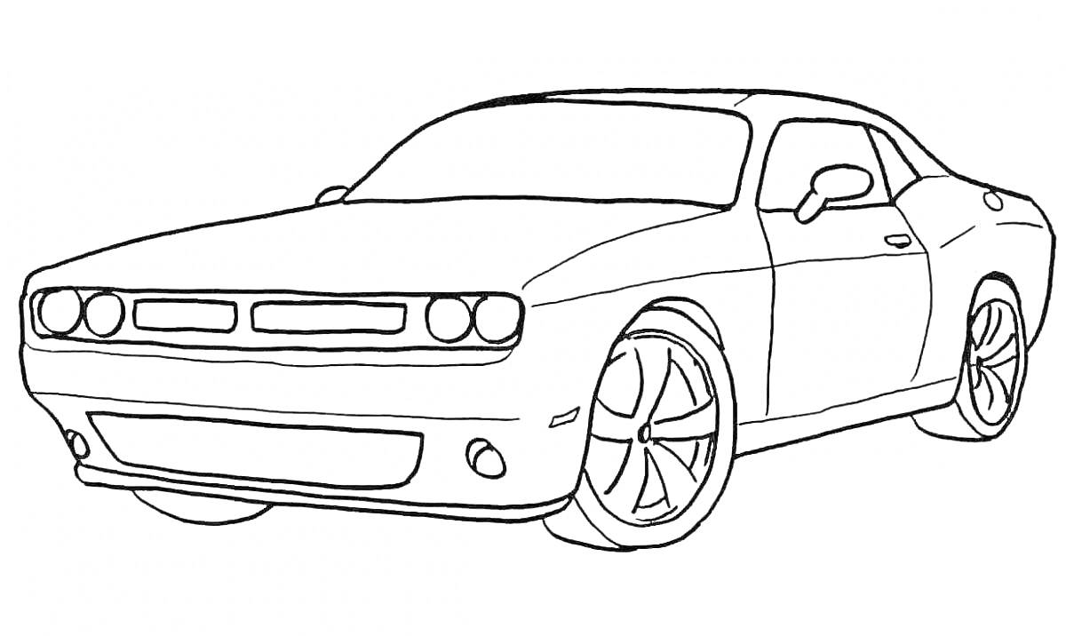 Додж Челленджер, спортивный автомобиль, вид сбоку, колеса, фары, двери, панели кузова