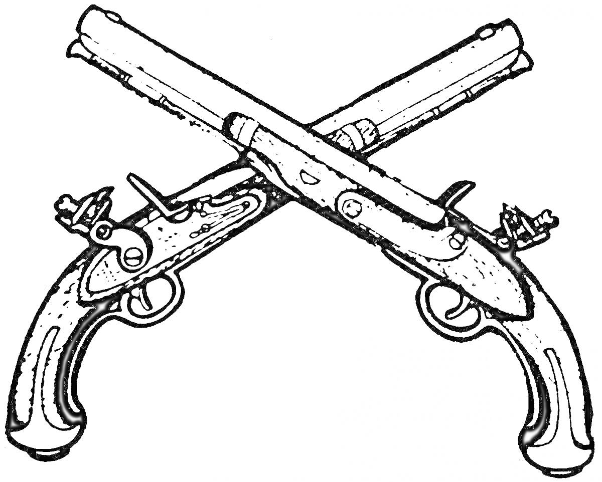 Раскраска Перекрещенные старинные кремневые пистолеты
