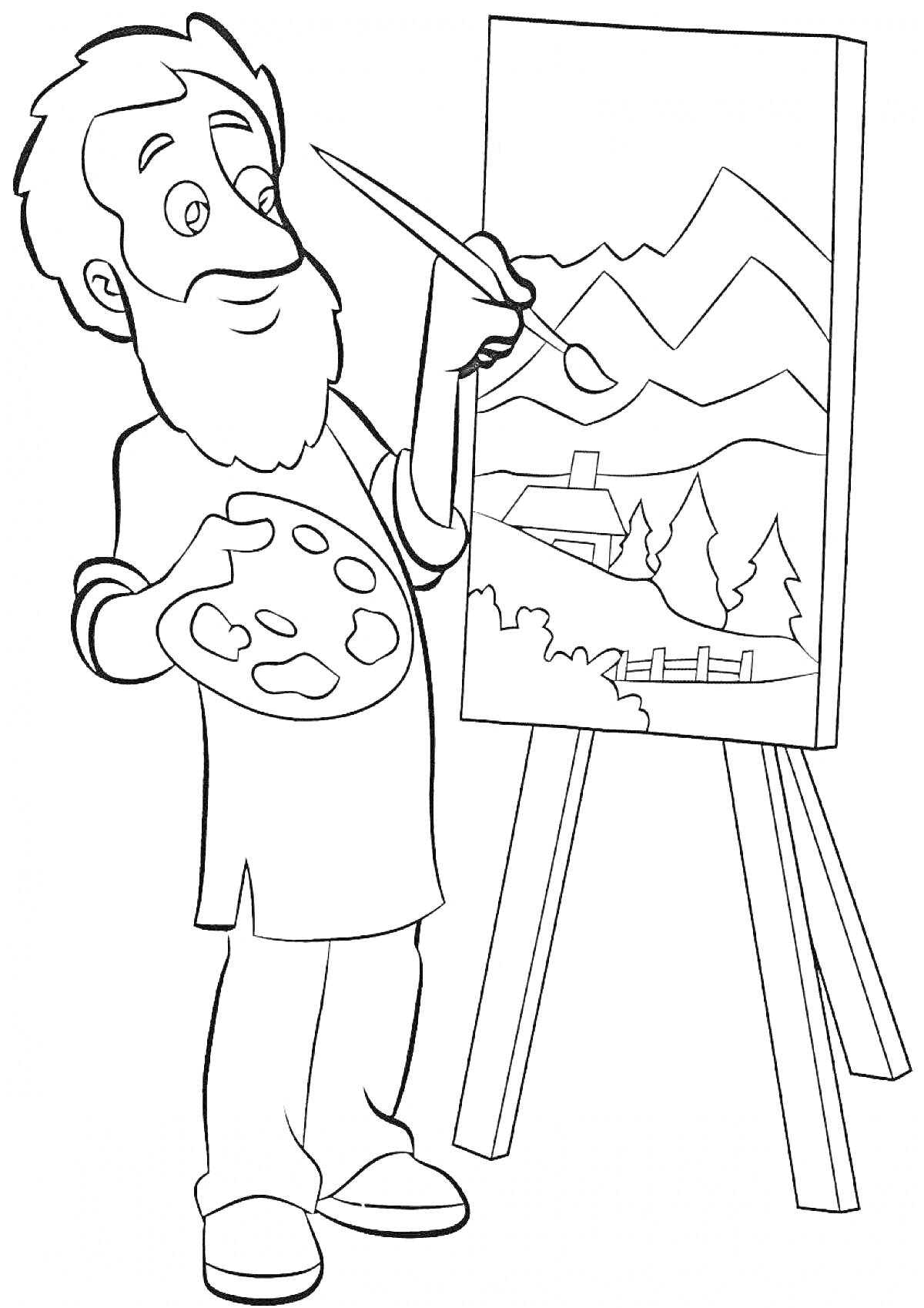 На раскраске изображено: Художник, Палитра, Мольберт, Пейзаж, Искусство, Творчество