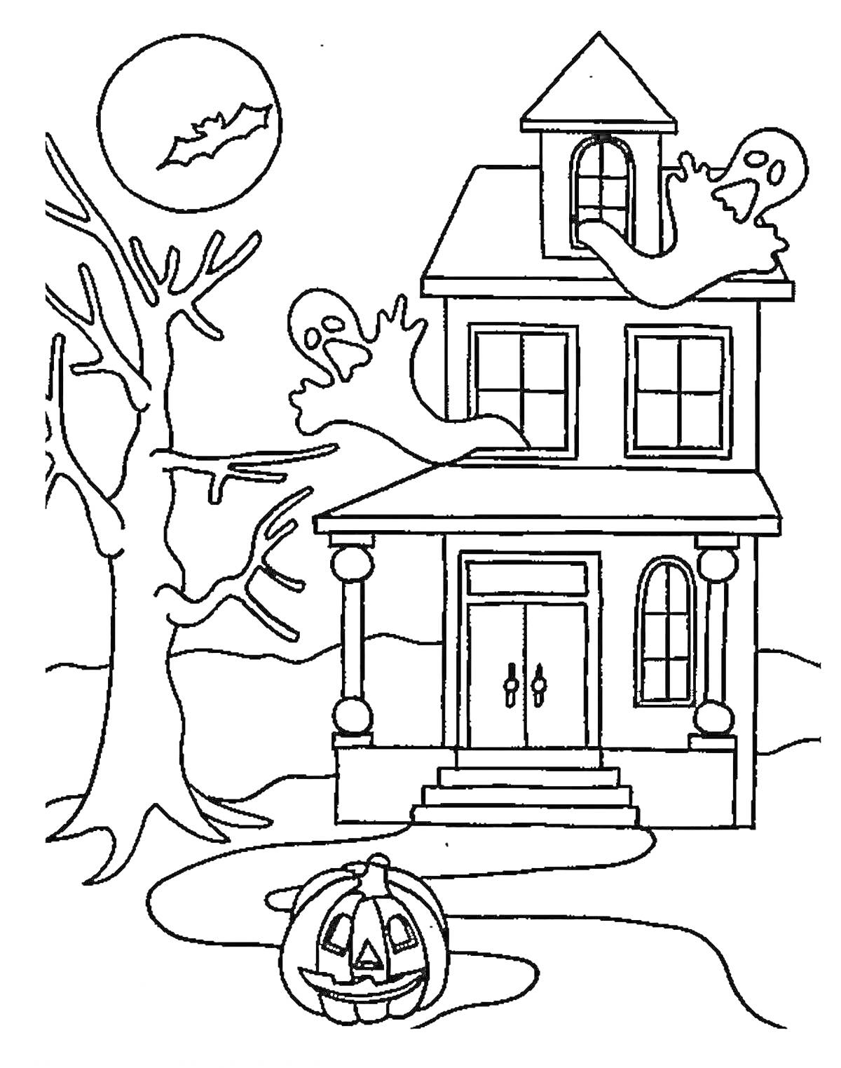 На раскраске изображено: Дом, Привидения, Луна, Летучая мышь, Тыква, Хэллоуин