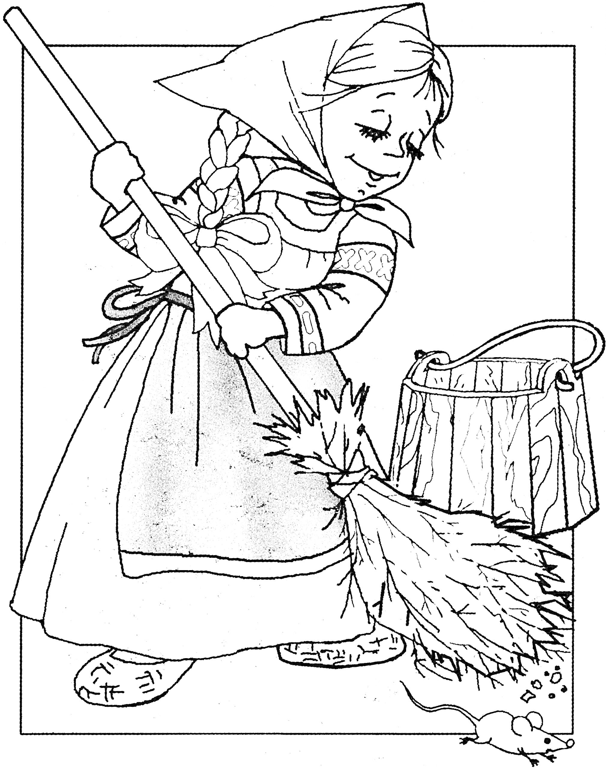 Раскраска Девочка из мультика с косой и в платке, подметает веником, рядом ведро, под веником мышь