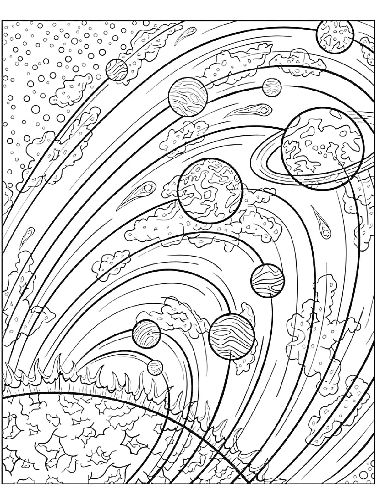 На раскраске изображено: Космос, Солнечная система, Планеты, Звезды, Астрономия, Для детей, Учебные материалы, Комета