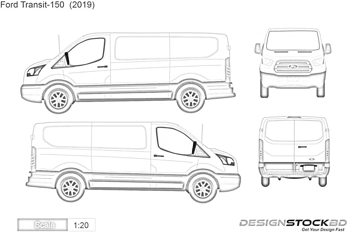 Раскраска ford transit-150 (2019), вид сбоку, спереди и сзади