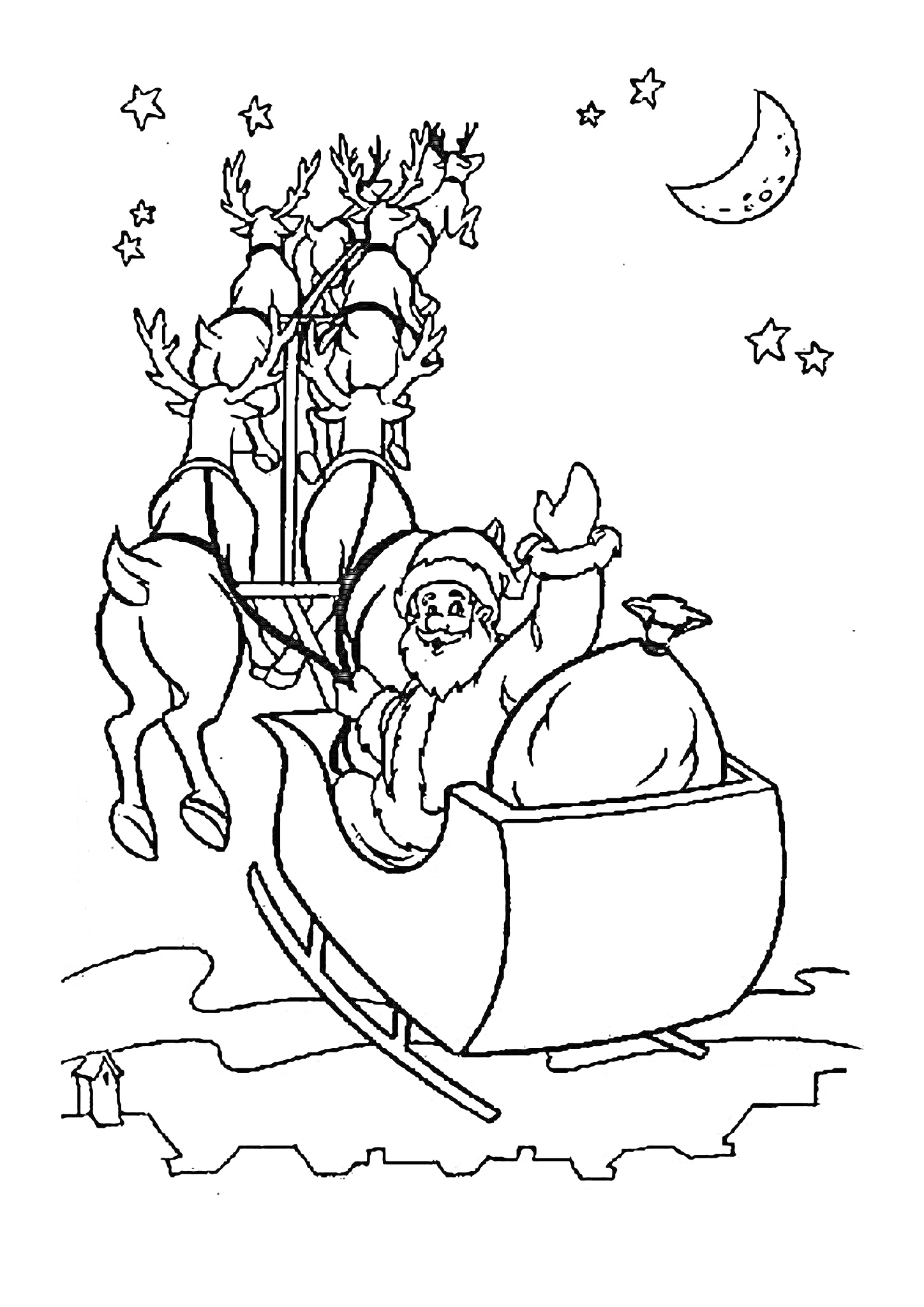 Раскраска Санта-Клаус в санях с оленями под ночным небом