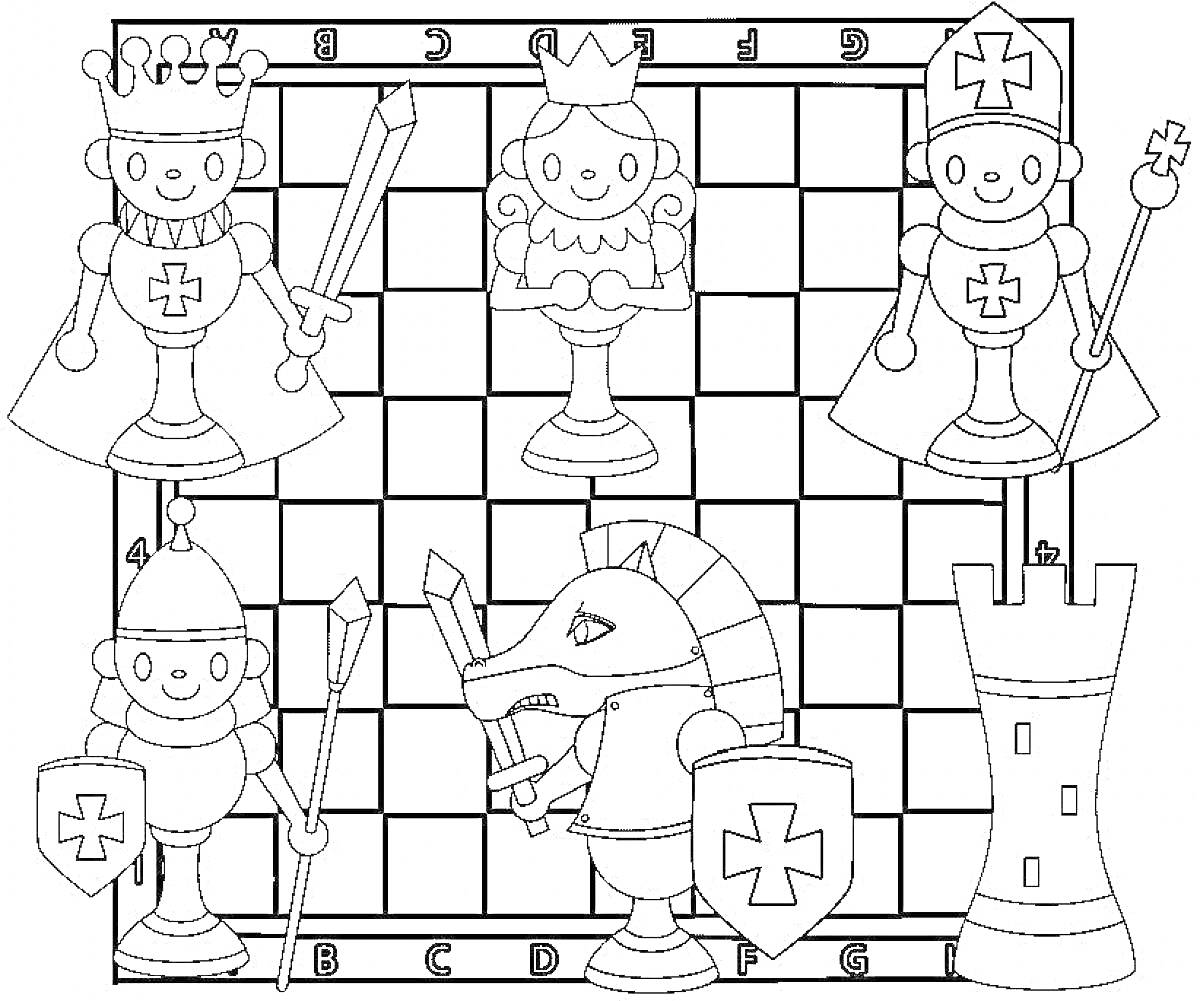 Раскраска Шахматы - король, ферзь, епископ, пешка, рыцарь, ладья, шахматная доска