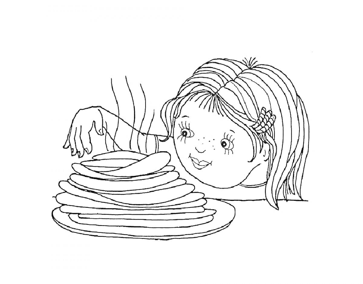 На раскраске изображено: Девочка, Блинчики, Тарелка, Еда, Завтрак, Кулинария