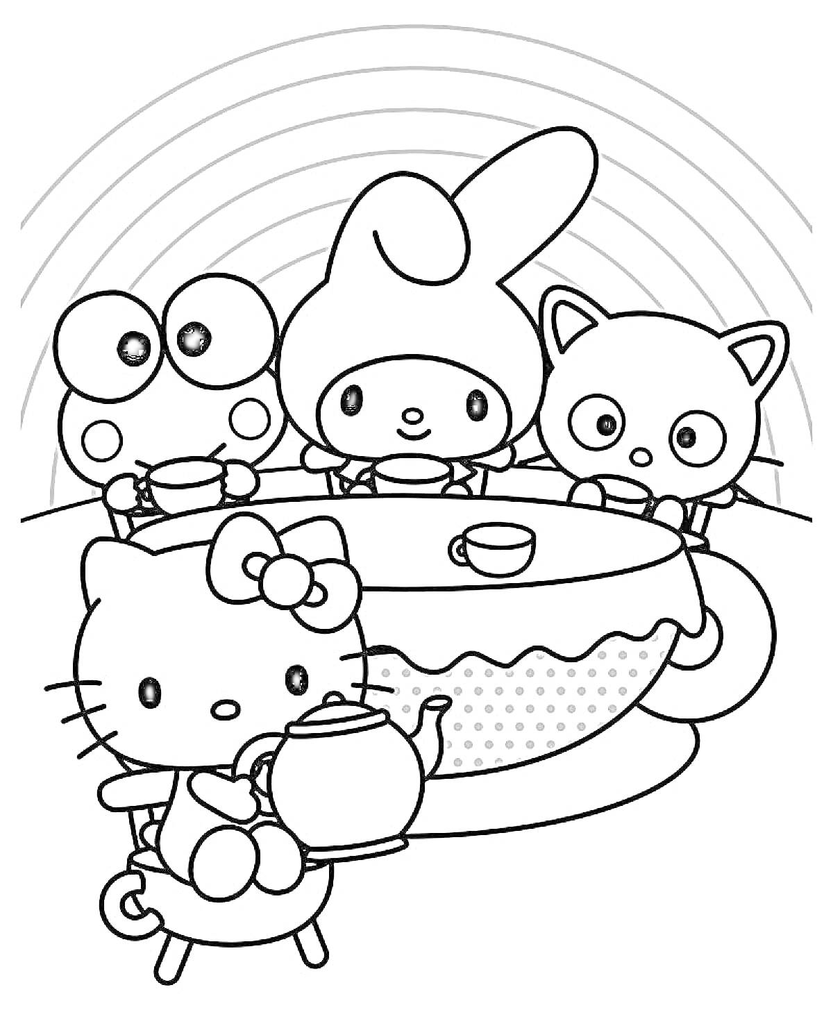 Раскраска Хелло Китти и друзья пьют чай за столом с радугой на заднем плане
