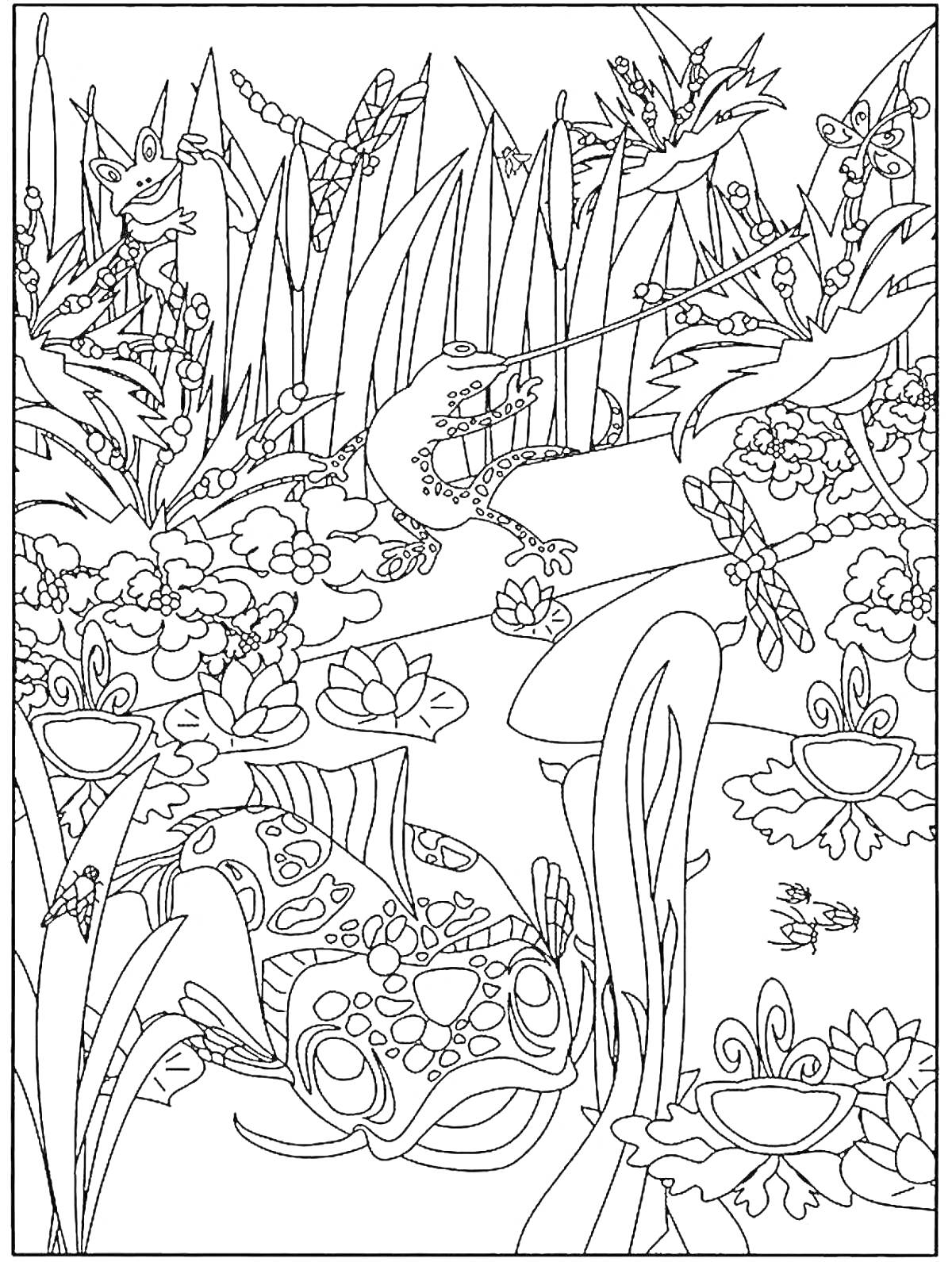 Раскраска Болото с лягушками, стрекозами, лилиями и тростником
