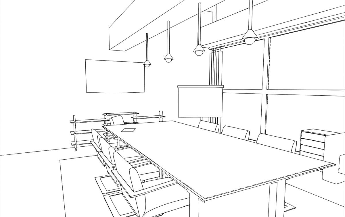 Раскраска Офисная комната для совещаний с большим столом, креслами, окном, потолочными лампами, книжной полкой, телевизором и жалюзи