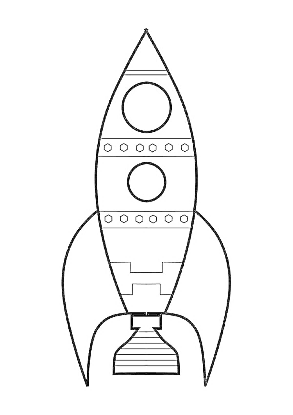 Раскраска Раскраска для детей с изображением ракеты с окнами и декоративными элементами