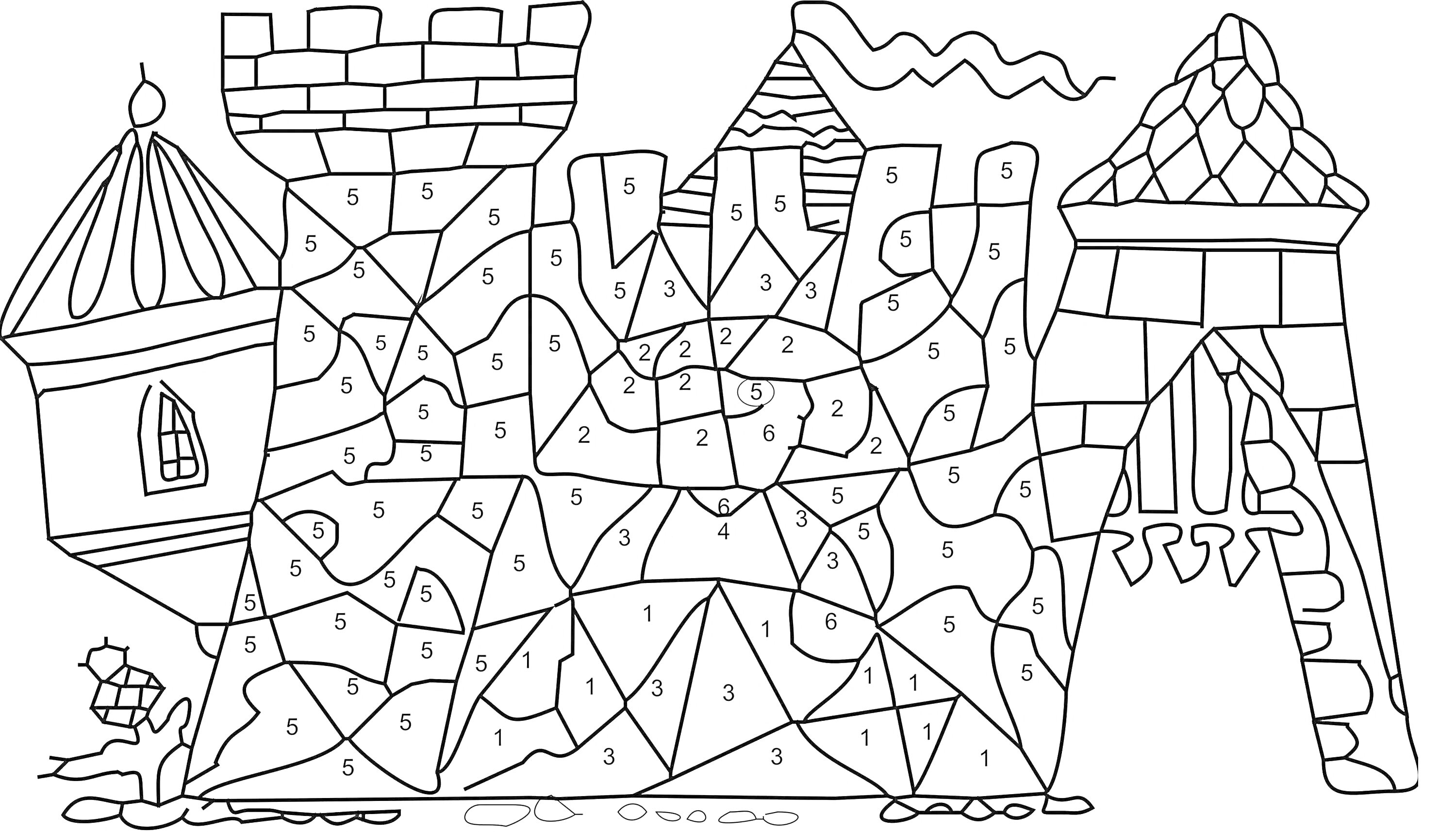 На раскраске изображено: Замок, Башни, Ворота, Флаг, Крыша, Геометрические фигуры
