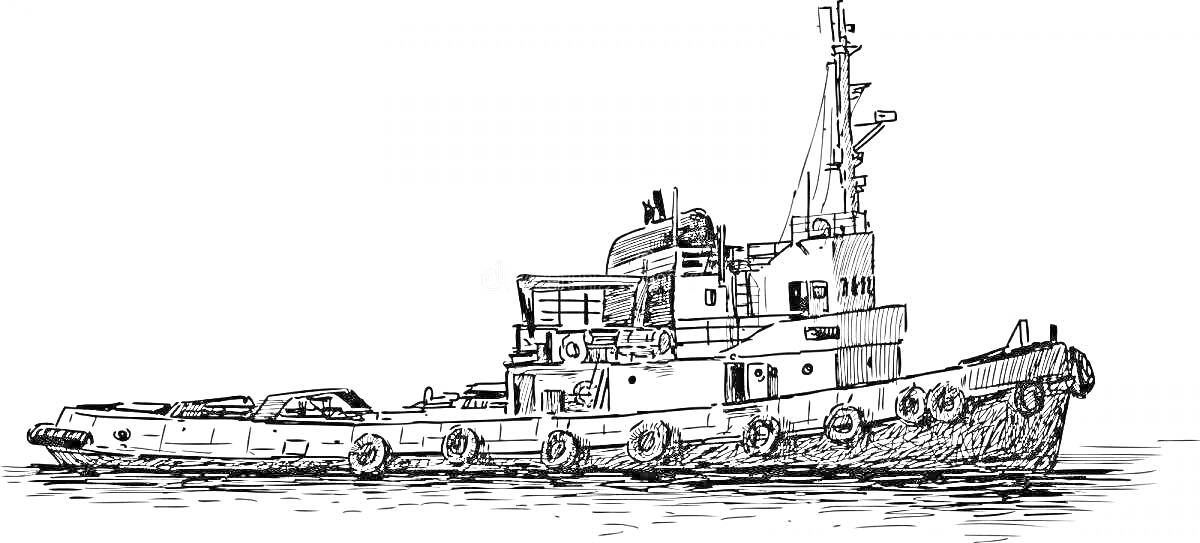 На раскраске изображено: Буксир, Корабль, Вода, Морской транспорт, Судно, Море, Мачта, Надстройки