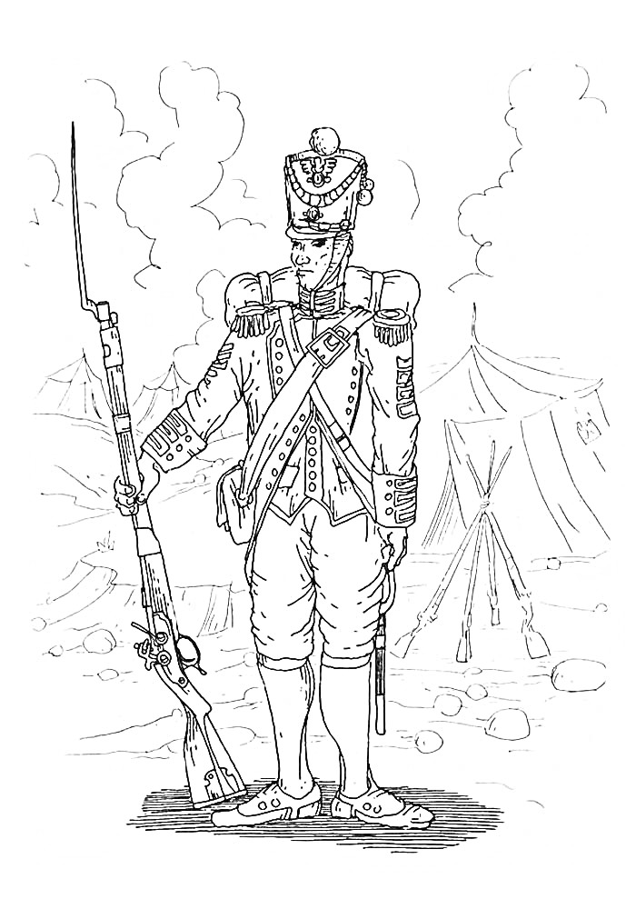На раскраске изображено: Солдат, Ружье, Униформа, Дым, Исторический костюм, Военная форма, Оружие
