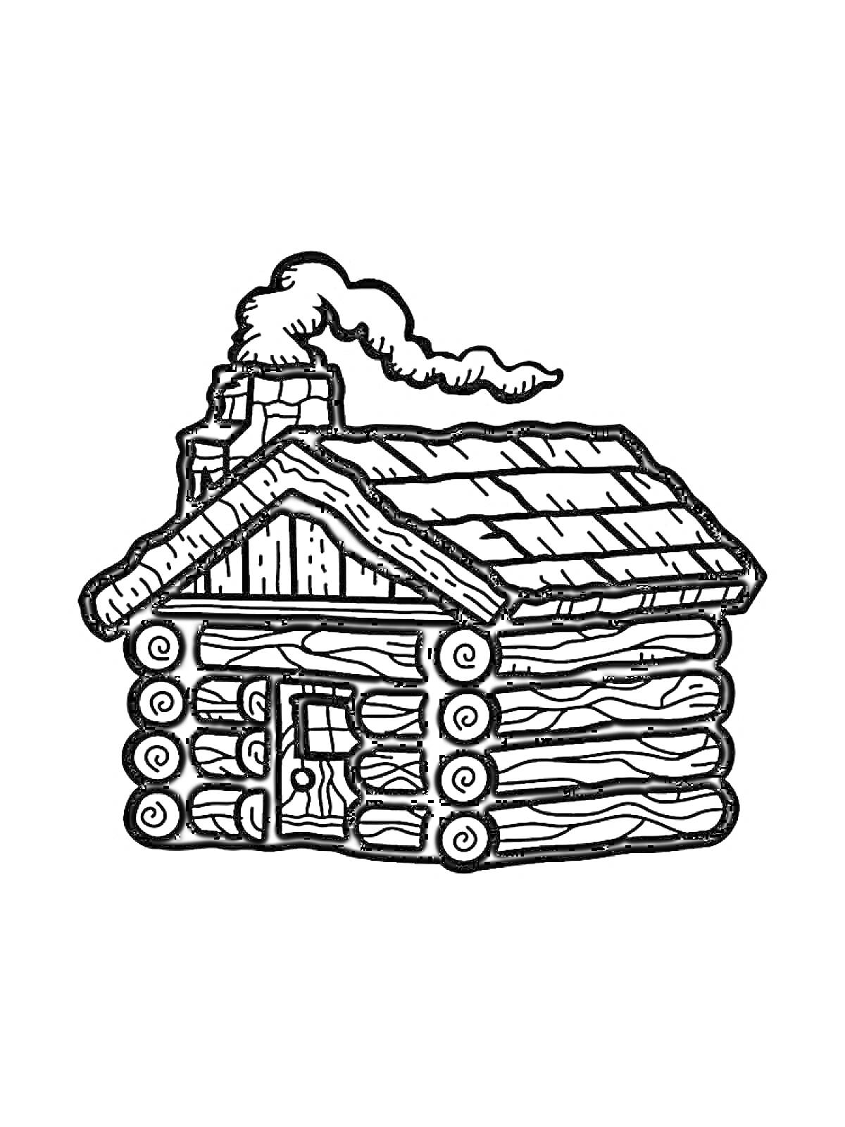 На раскраске изображено: Изба, Бревно, Крыша, Труба, Дым, Деревянный дом, Деревенский дом